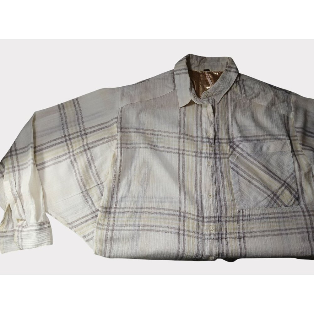 Free People Ivory Cutie Plaid Crop Top M Button Front Dolman Sleeves OB613778 - Picture 11 of 15